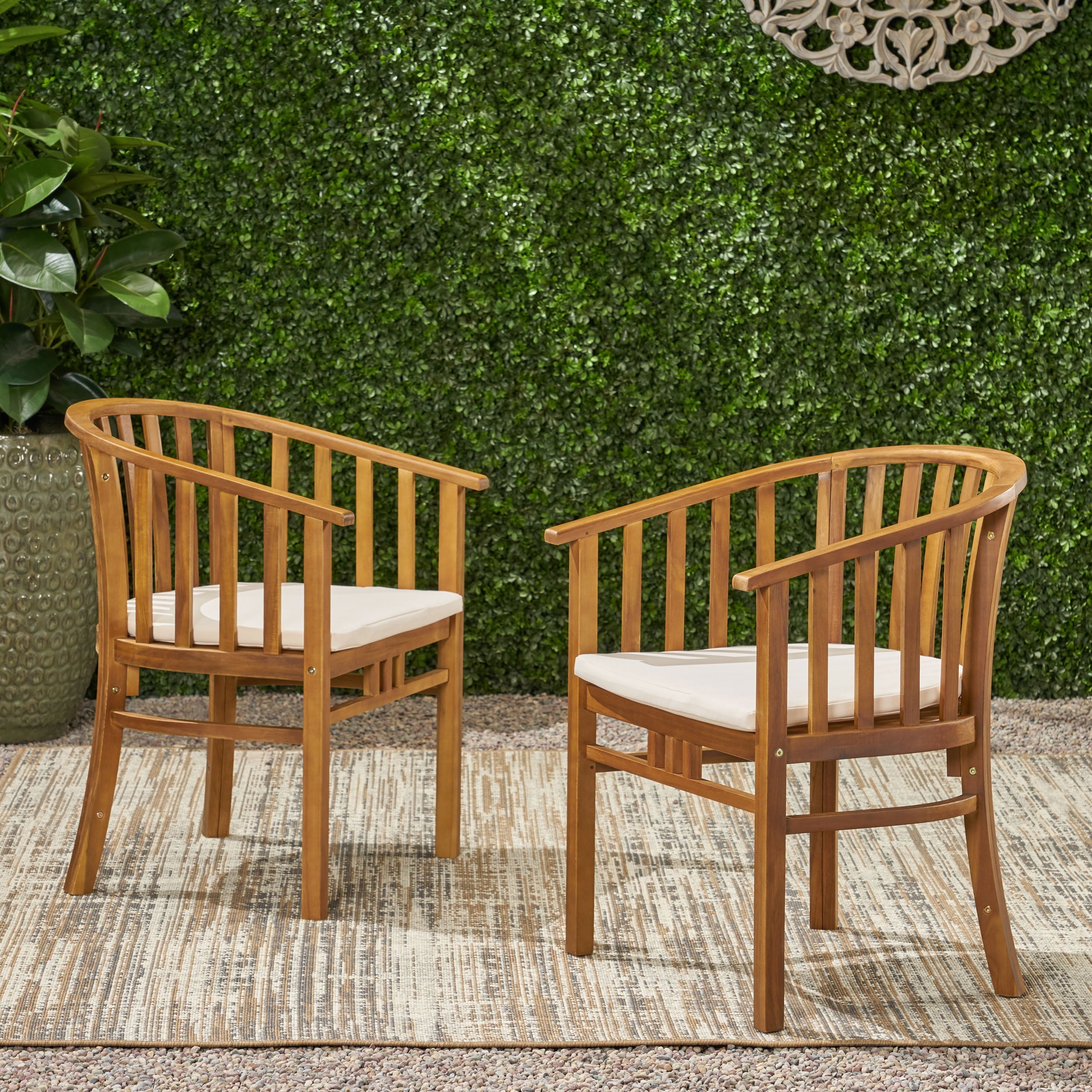 GDF Studio Rosin Outdoor Acacia Wood Dining Chairs with Cushion, Set of 2, Cream and Teak