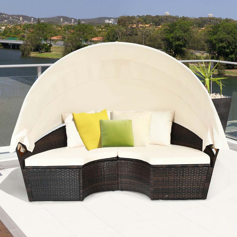 Rattan Wicker Patio Round Daybed with Retractable Canopy & Coffee Table, Outdoor Sectional Furniture Sofa Set