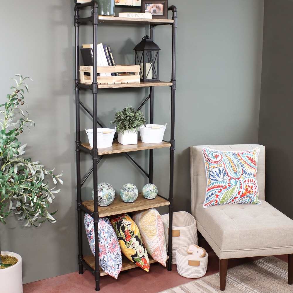 5 Tier Black Pipe Bookshelf with Wood Veneer Shelves