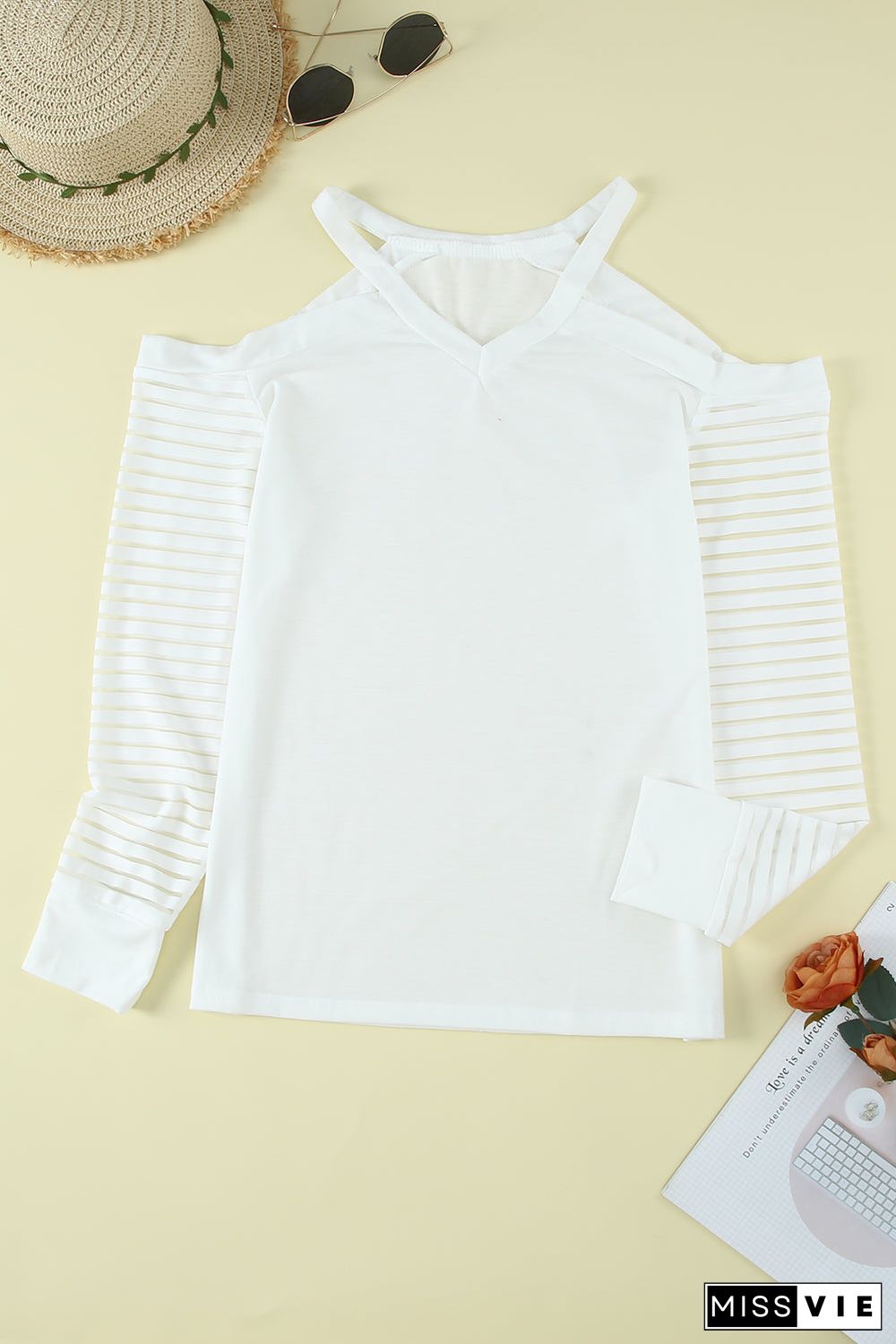 Mesh Striped Cut-Out Cold Shoulder Long Sleeve T-Shirt