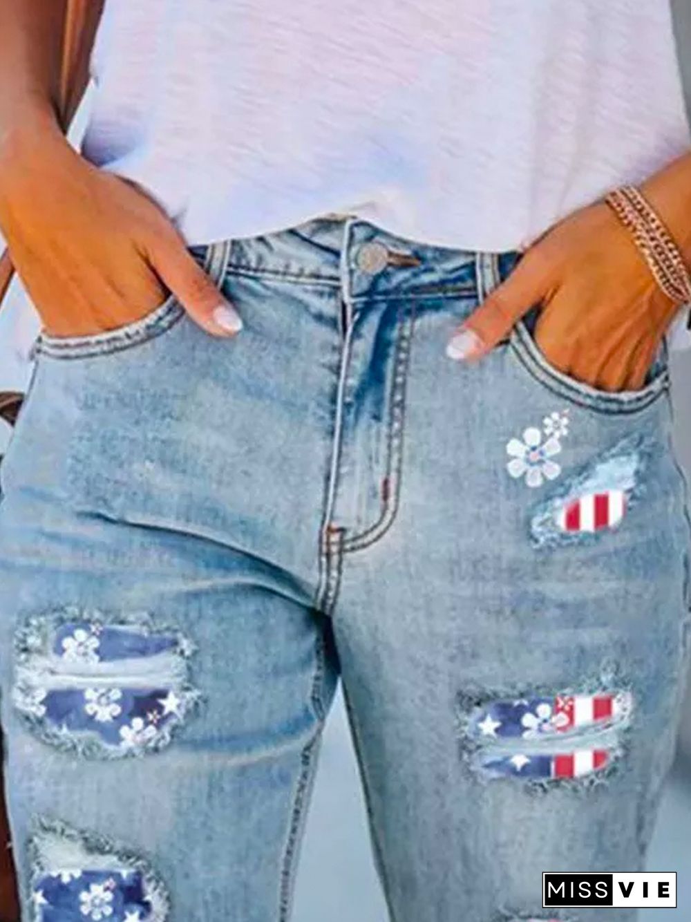 Floral Flag Printed Casual Denim Jeans