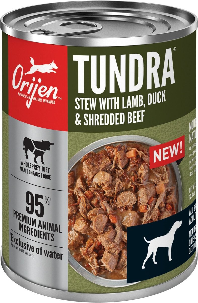 ORIJEN Real Meat Shreds Tundra Stew Grain-Free Wet Dog Food， 12.8-oz can， case of 12