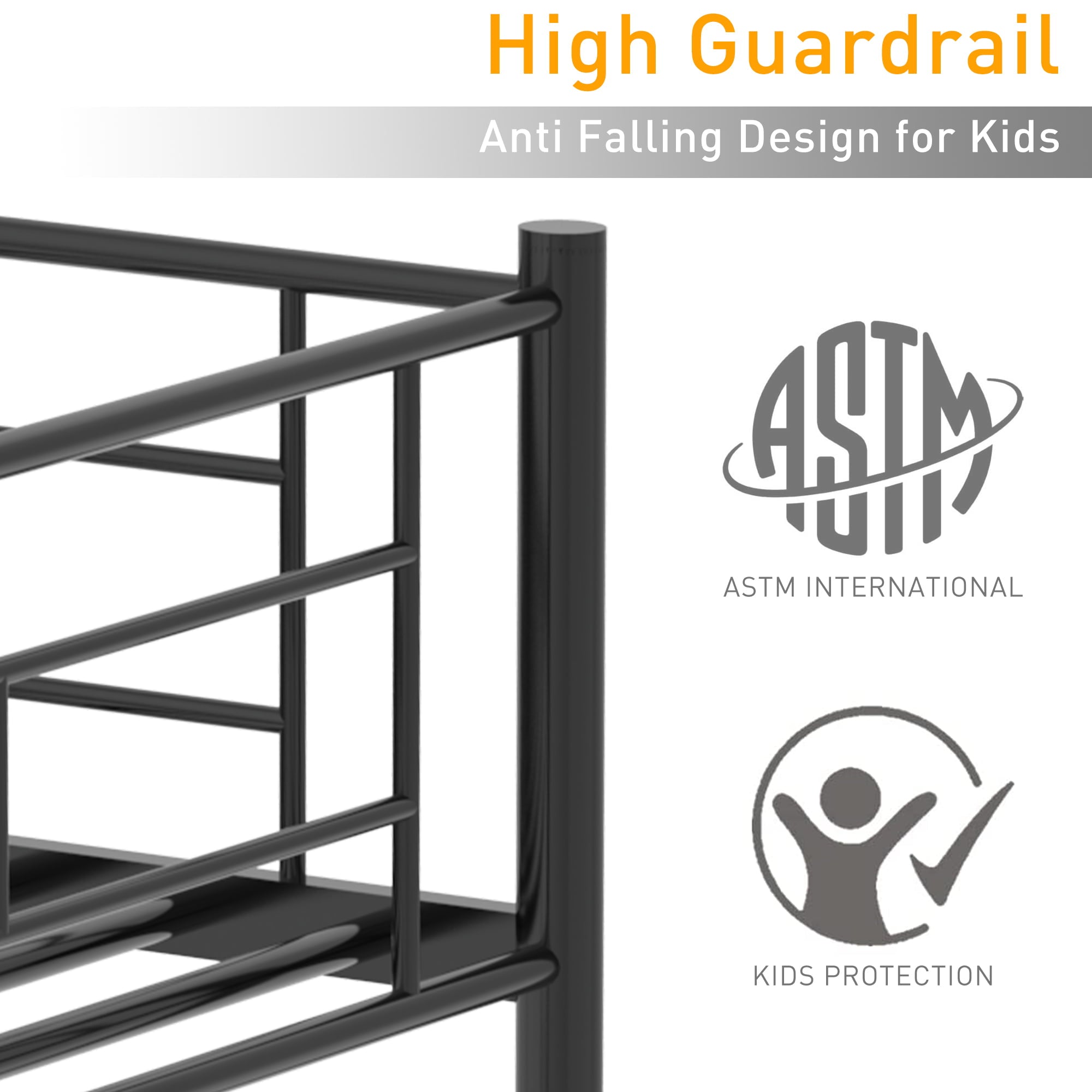 Jump Into Fun Bunk Bed, Twin over Twin Bunk Bed with 42 Sturdy Slats, Safety Guard Rail & Ladder, Metal Bunk Bed for Kids Teens, Low Bunk Bed for Boys Girls Dormitory Bedroom, Black