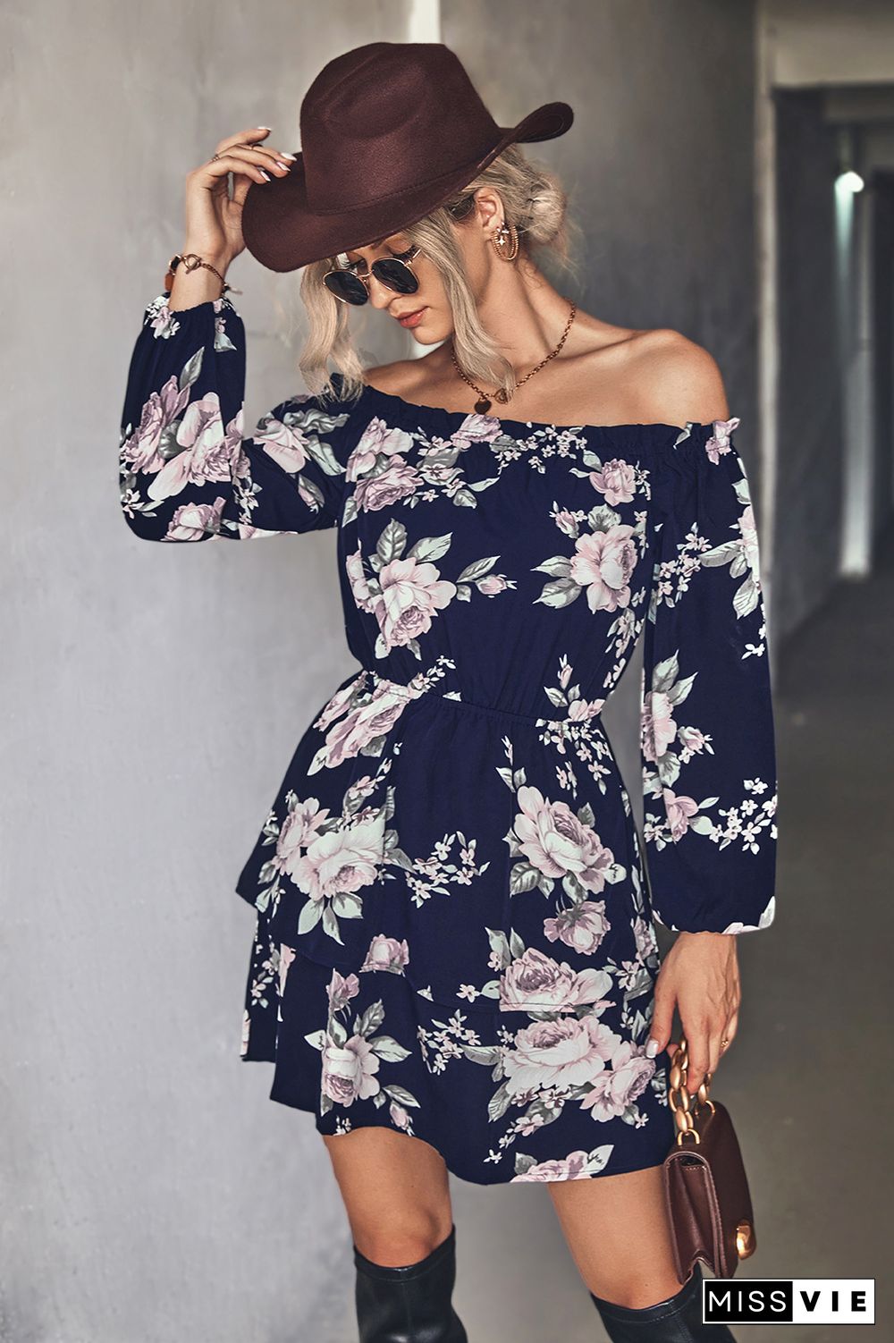 Off Shoulder High Waist Long Sleeves Floral Dress