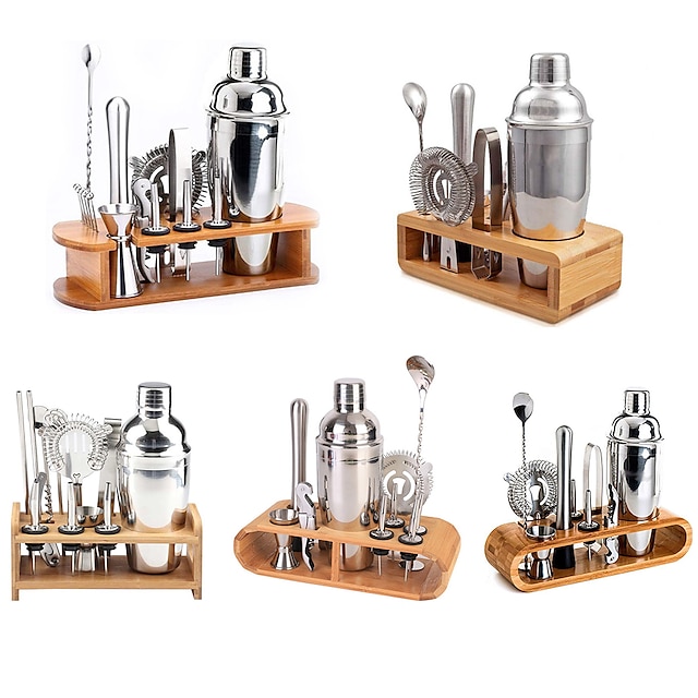 Insulated Cocktail Shaker Bartender Kit Cocktail Shaker Mixer Stainless Steel 350ml Bar Tool Set with Stylish Bamboo Stand Perfect Home Bartending Kit and Martini Cocktail Shaker Set