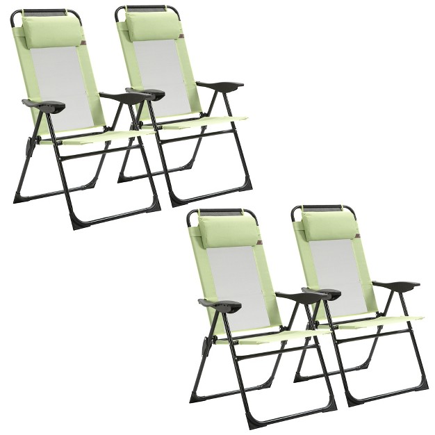 Outsunny Set Of 4 Folding Patio Chairs Camping Chairs With Adjustable Sling Back Removable Headrest Armrest For Garden Backyard Lawn Green