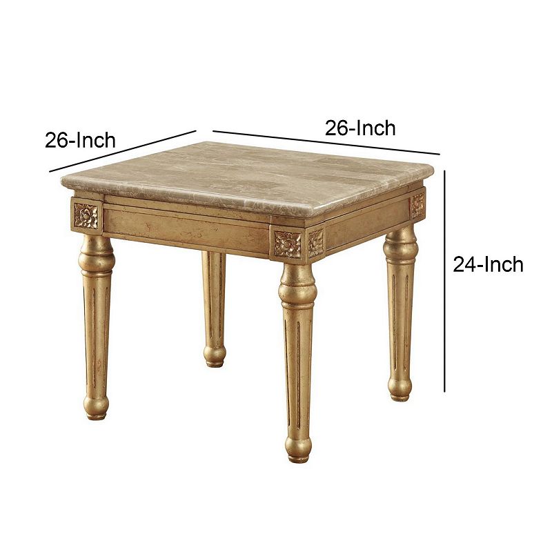 Marble Top End Table With Fluted Detail Wooden Turned Legs， Gold