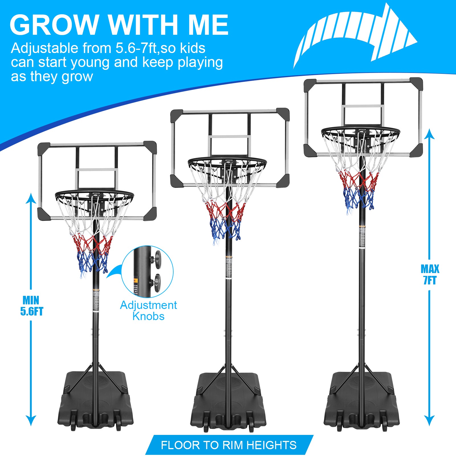 KL KLB Sport Portable Height Adjustable 28” Basketball Hoop Stand Backboard System for Kids Outdoor with Wheels