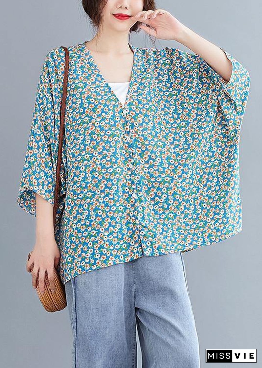 French v neck Batwing Sleeve Blouse Shirts blue floral blouse