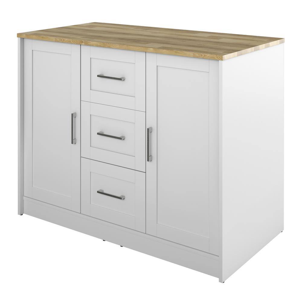 Twin Star Home Brilliant White Wood 45.5 in. Traditional Kitchen Island with Butcher Block Top KI972-PF08