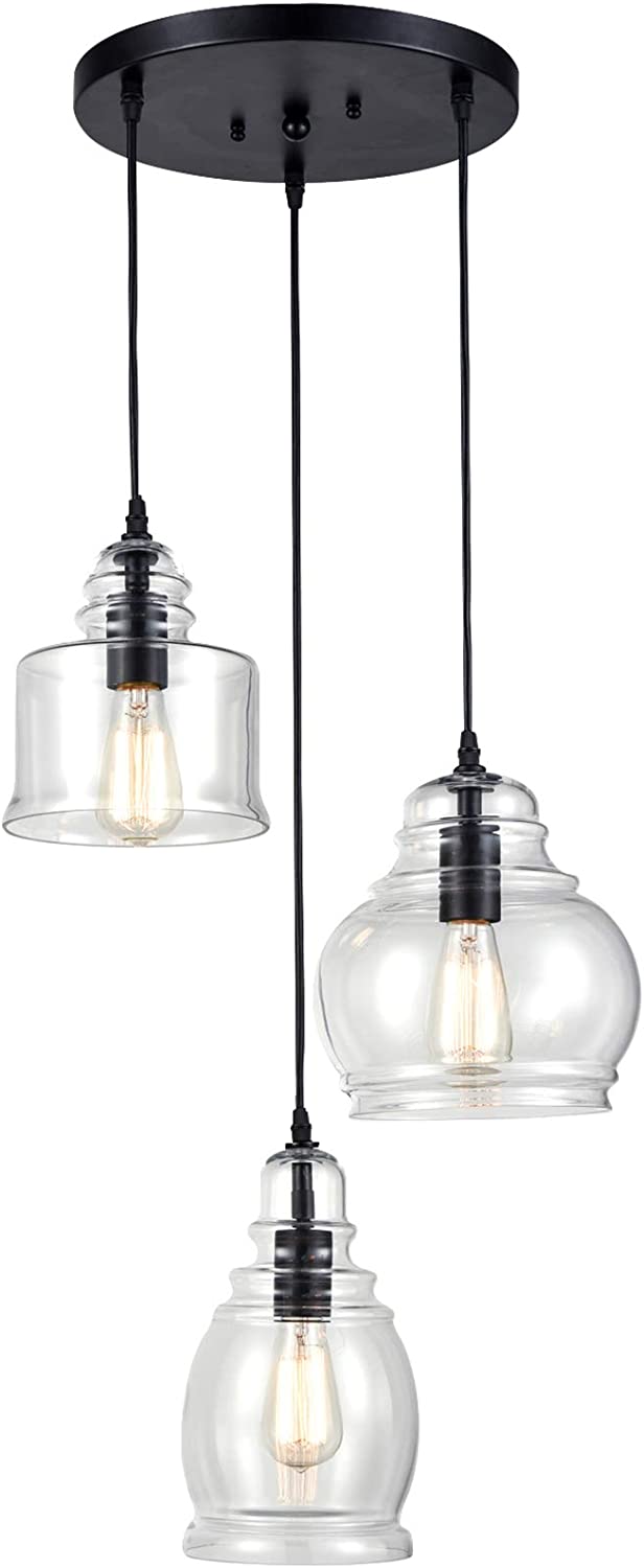 Claxy Glass Light 3-Light Black Industrial Clear Glass Jar Pendant Light