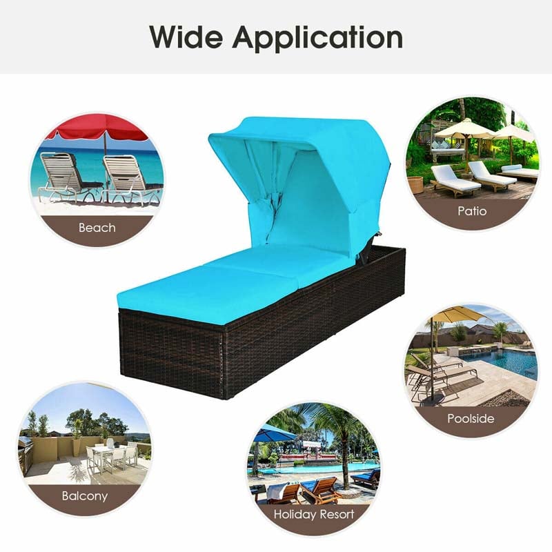 Cushioned Rattan Outdoor Chaise Lounge Chair Sun Lounger 5-Position with Folding Canopy & Flip-up Tea Table