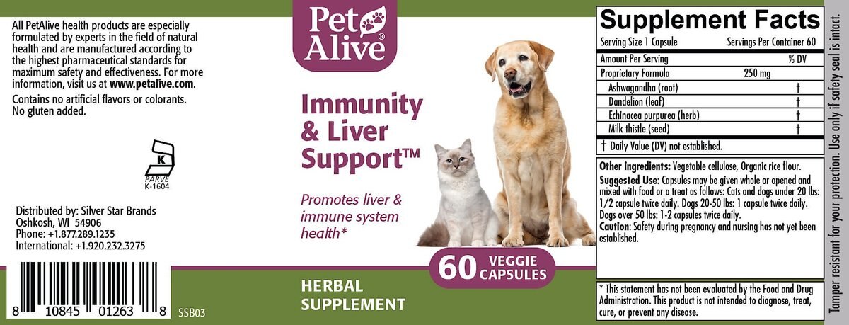 PetAlive Immunity and Liver Support Dog and Cat Supplement， 60 count