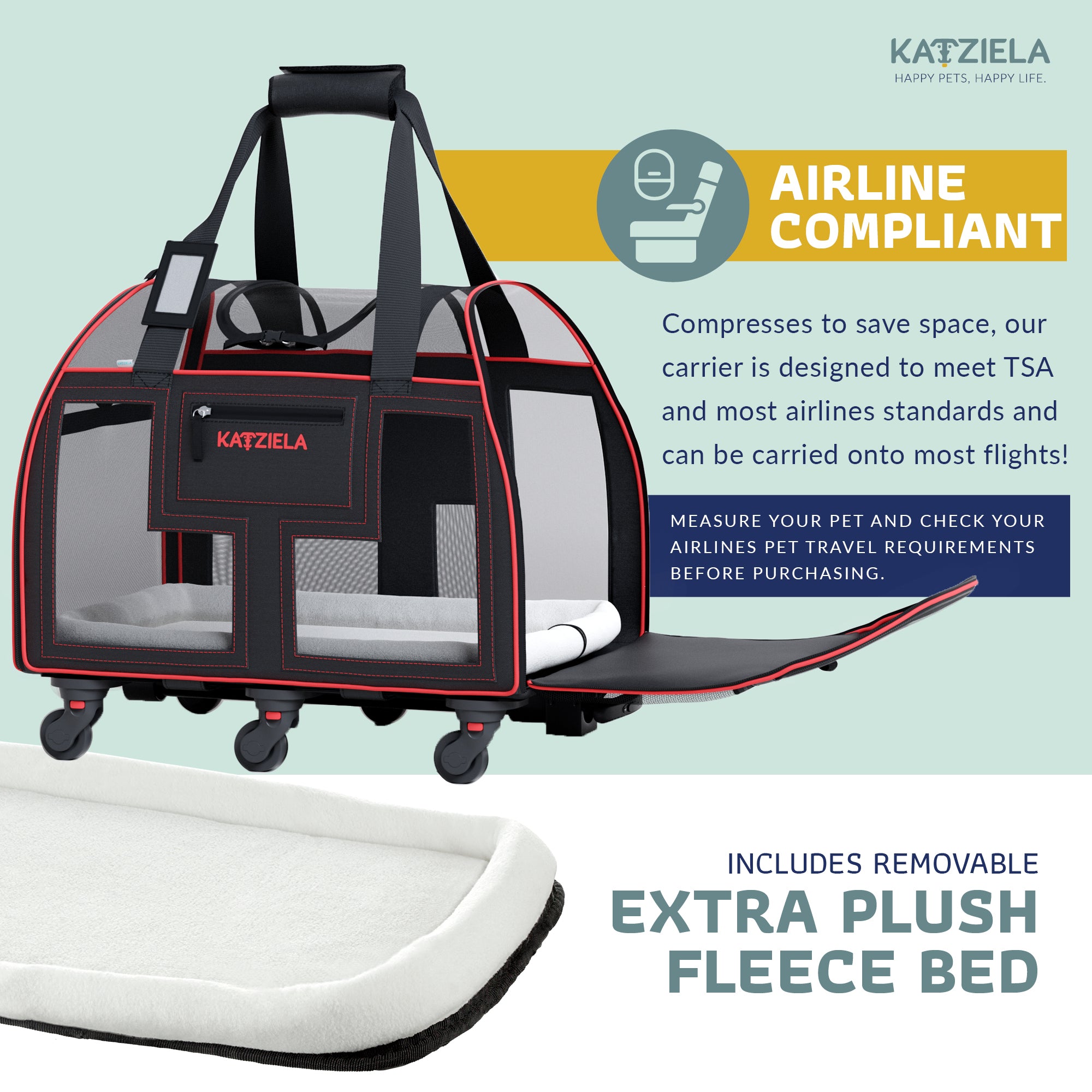 Katziela Luxury Lorry Pet Carrier with Removable Wheels - Telecopic Handle - Airline Approved (Black/Red)