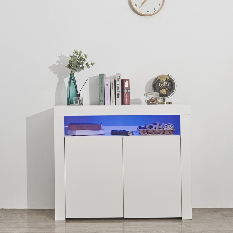 LED Light 2 Doors TV Stand  Modern Sideboard Storage Cabinet