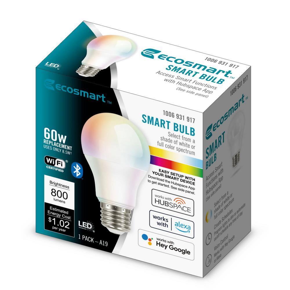 EcoSmart 60-Watt Equivalent Smart A19 Color Changing CEC LED Light Bulb with Voice Control (1-Bulb) Powered by Hubspace 11A19060WRGBWH1