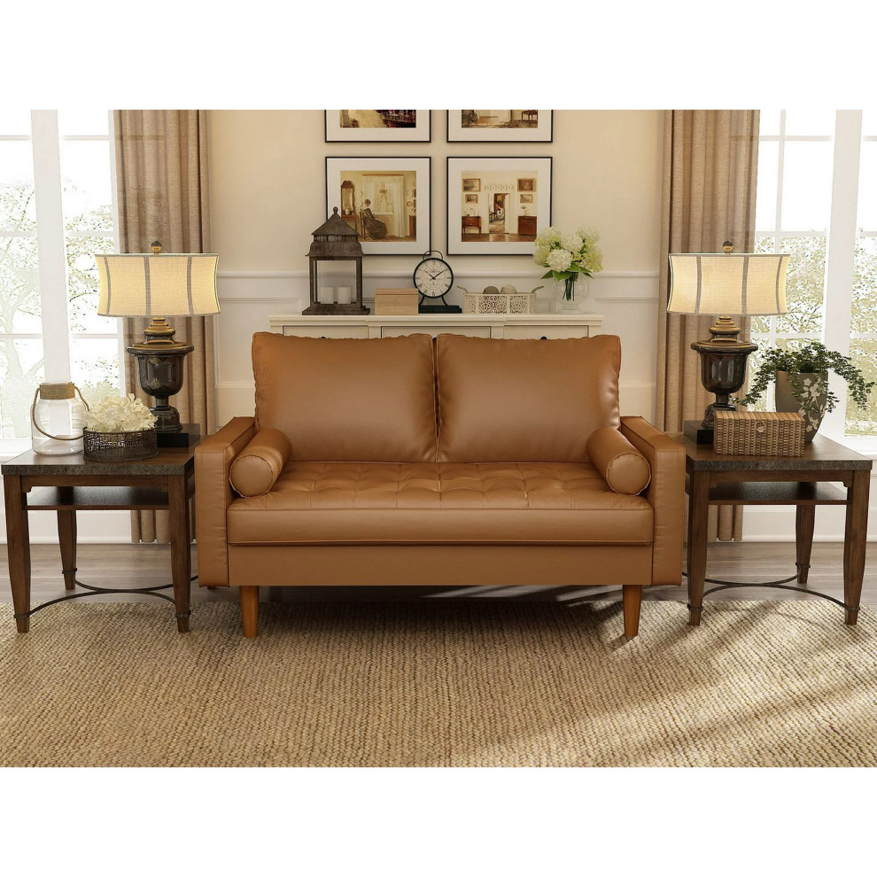 Modern Loveseat  Eucalyptus Frame  ampGrid Tufted PU Leather Seat   Modern   Loveseats   by Declusia  Houzz