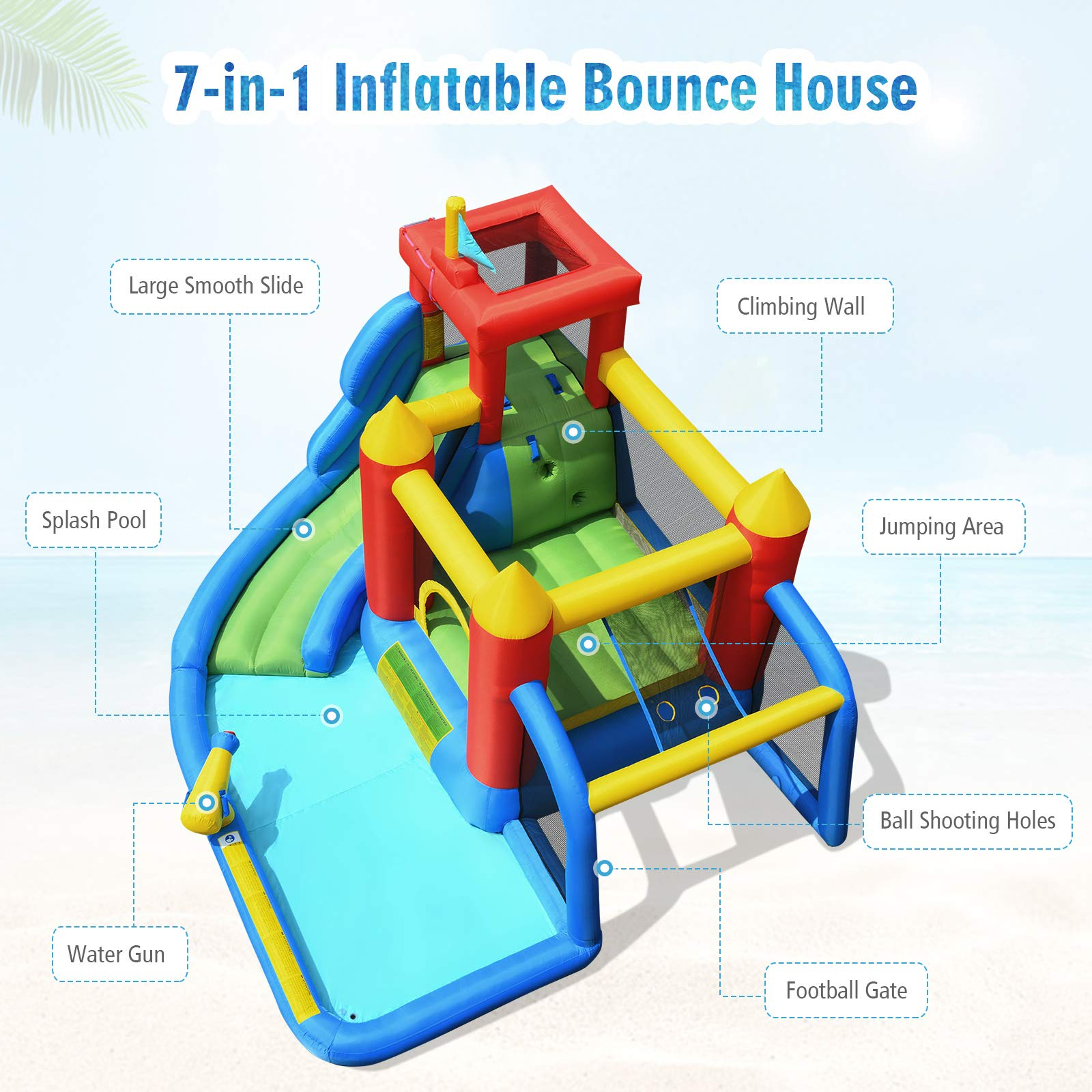 BOUNTECH Inflatable Bounce House, 7 in 1 Water Slide Park w/ Jumping Area