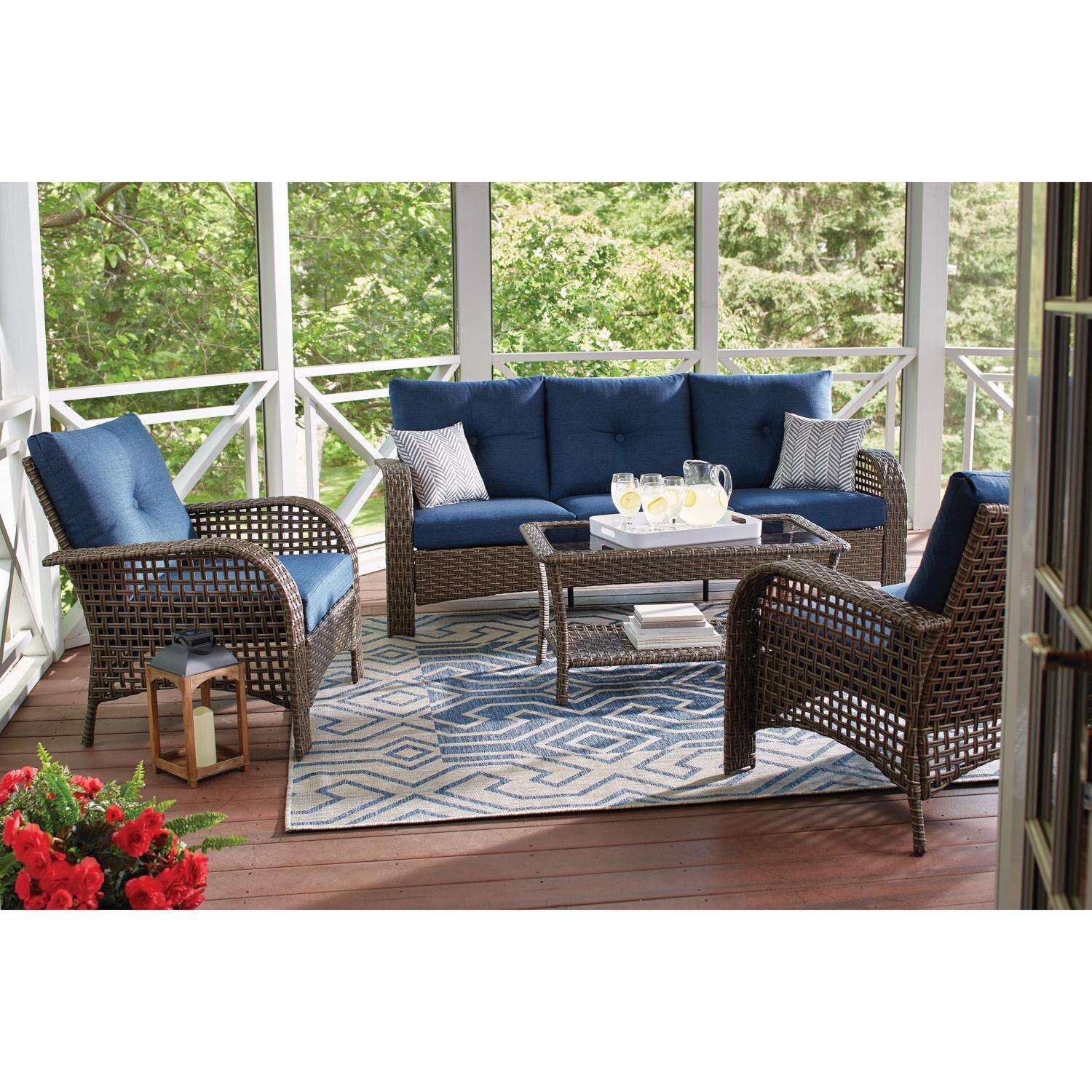 Living Accents St. Charles 4 pc Walnut Steel Wicker Deep Seating Set Navy