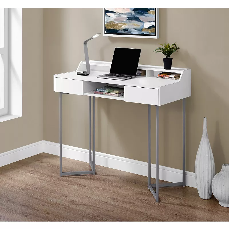 48 White and Silver Contemporary Rectangular Computer Desk with Drawers