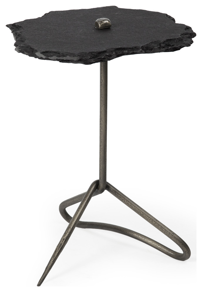 HomeRoots Black Slate Top Accent Table With Triangular Iron Base   Midcentury   Side Tables And End Tables   by UStradeENT LLC  Houzz