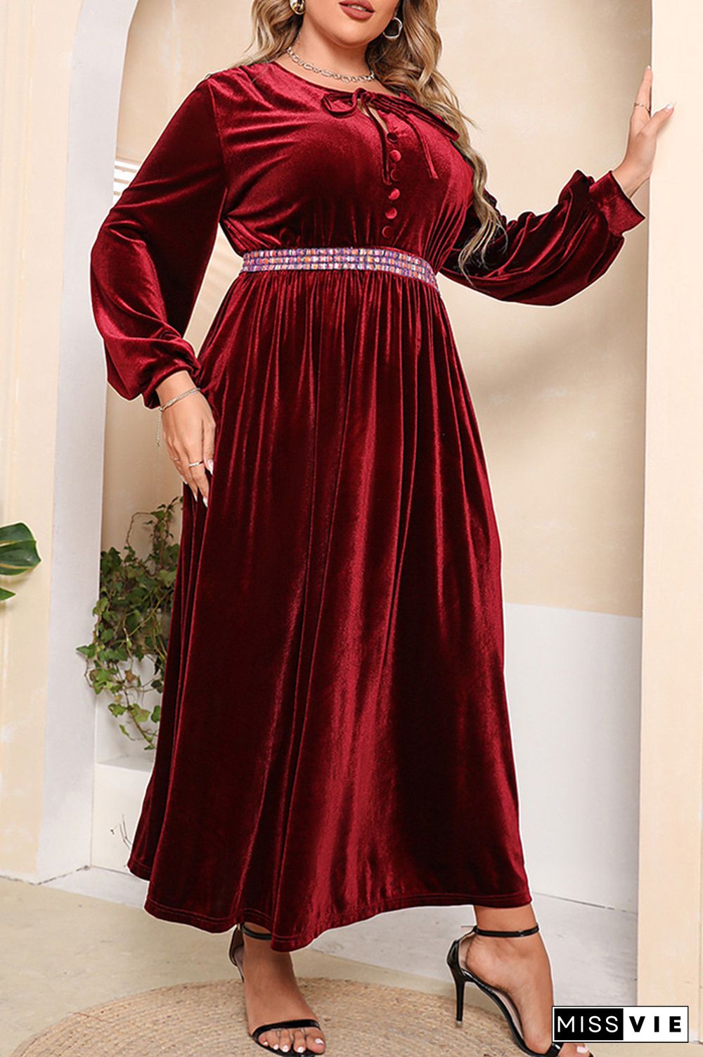 Plus Size Wine Red Pleated Velvet Dress