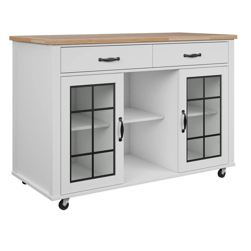 Twin Star Home Brilliant White and Wood Top 50 in. Kitchen Island with Cabinets and Optional Casters KC8671-PF08