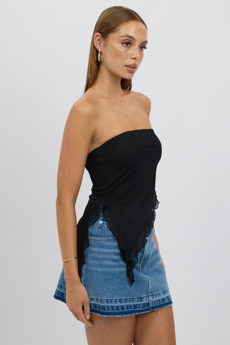 Black Bandeau Top Asymmetrical Ruffle Hem Mesh