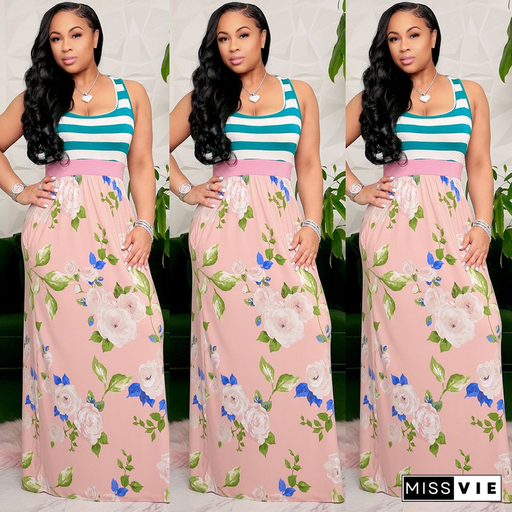 Summer Clothing Patchwork Floral Print Sleeveless High Waist Women Casual Streetwear Maxi Long Dress