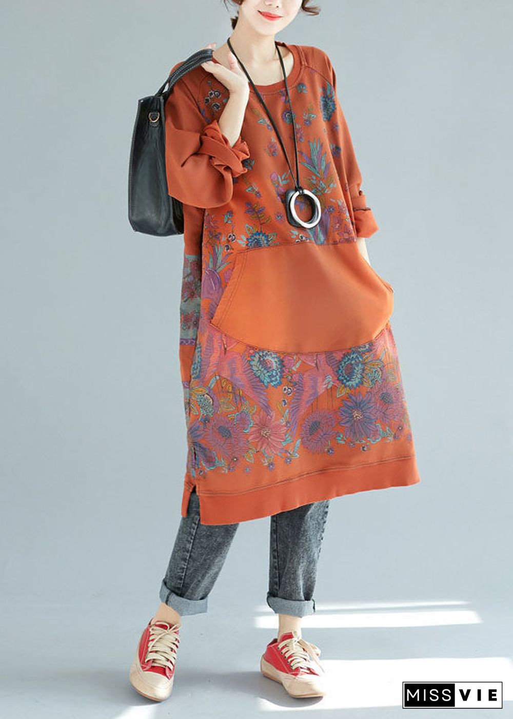 Organic Orange Pockets Patchwork Print Cotton Dresses Spring