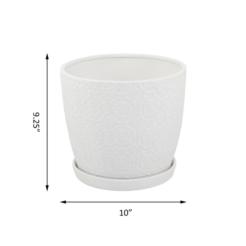 Vigoro 10 in. Chrysanthemum Medium White Textured Ceramic Pot (10 in. D x 9.3 in. H) with Attached Saucer CT1499-MTWH