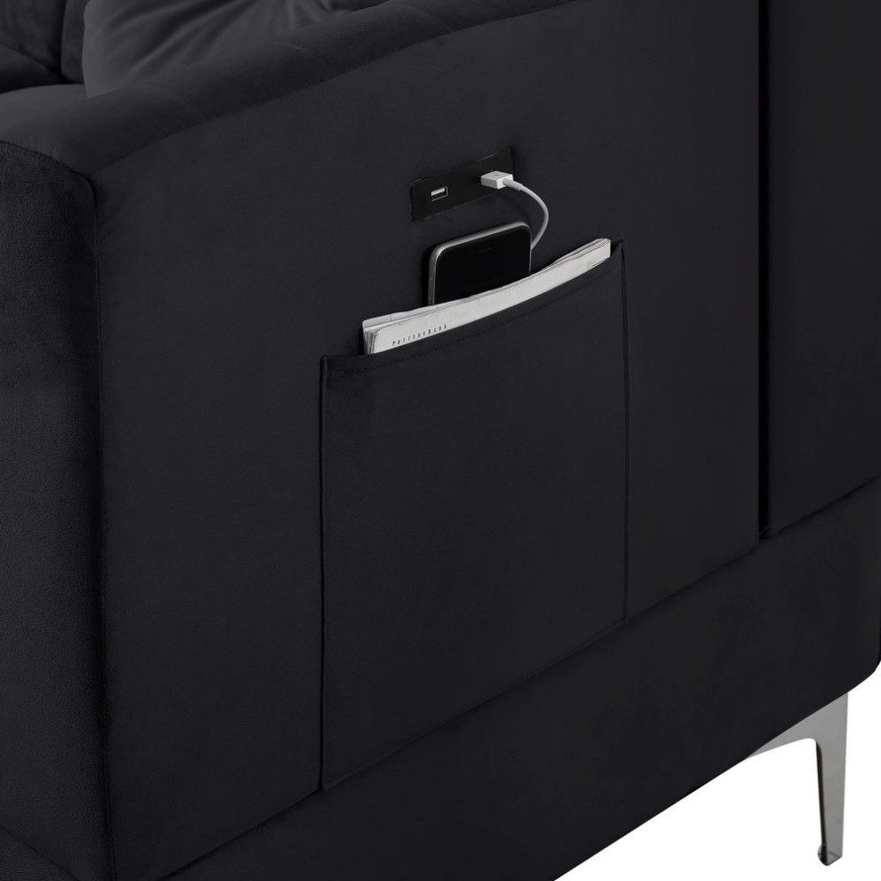 Chloe Black Velvet Sectional Sofa Chaise With Usb Charging Port   Midcentury   Sectional Sofas   by BisonOffice  Houzz