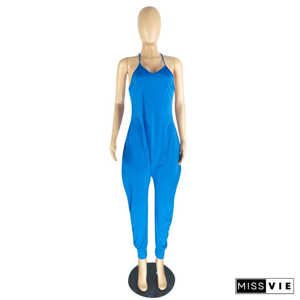 V Neck Sleeveless Solid One Piece Harem Jumpsuits