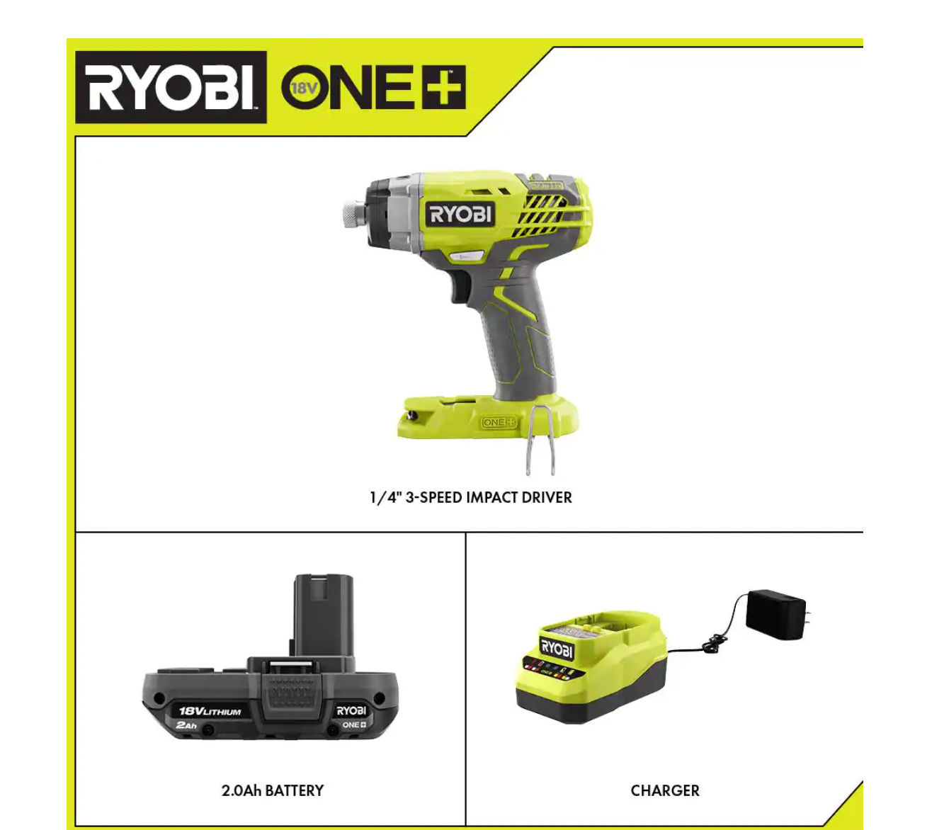 RYOBI P237-PSK005 ONE+ 18V Cordless 3-Speed 1/4 in. Hex Impact Driver with 2.0 Ah Battery and Charger