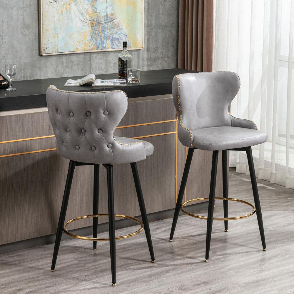 ANBAZAR 29 in.H Gray Low Back Metal Frame, 28.7 in.H Stool, Bar Stool with Fabric Seat and Footrest Set of 2 WJZ-136F