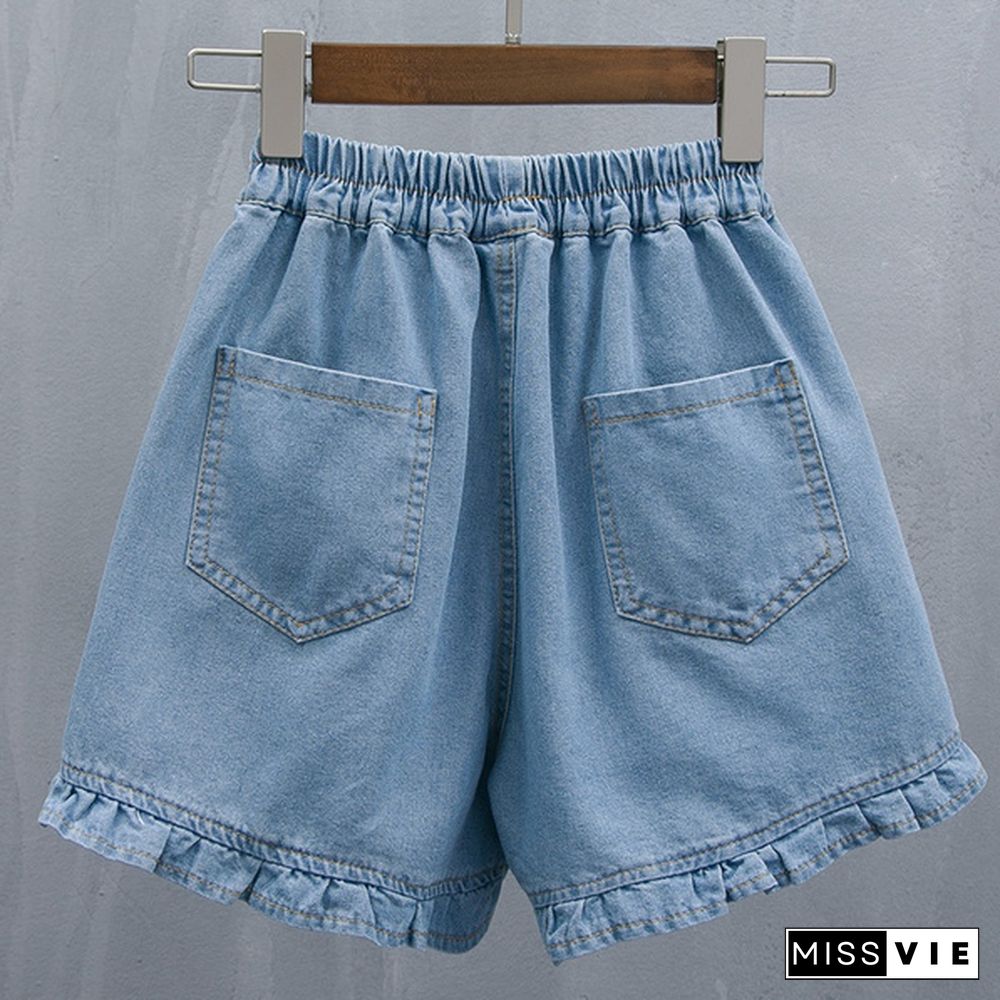 Women Denim Shorts Pants Mini Loose Causal Ruffle Elastic Waist Summer Plus Size