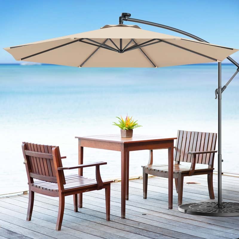 10 FT Offset Patio Umbrella with Solar LED Lights & Cross Base, Large Outdoor Cantilever Umbrella for Sun Rain