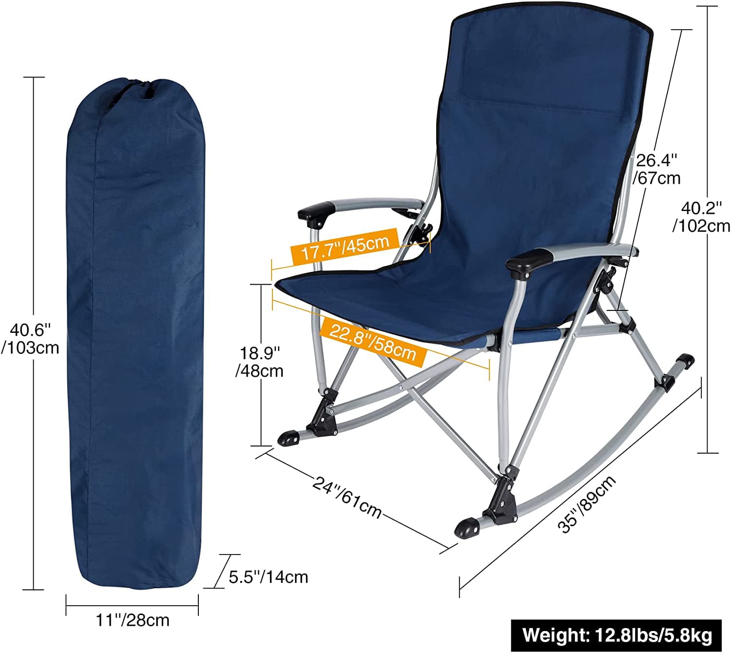 Lineslife 300lbs Heavy Duty Folding Camping Rocking Chair with High Back for Outdoor Patio, Lawn, Garden, Navy Blue