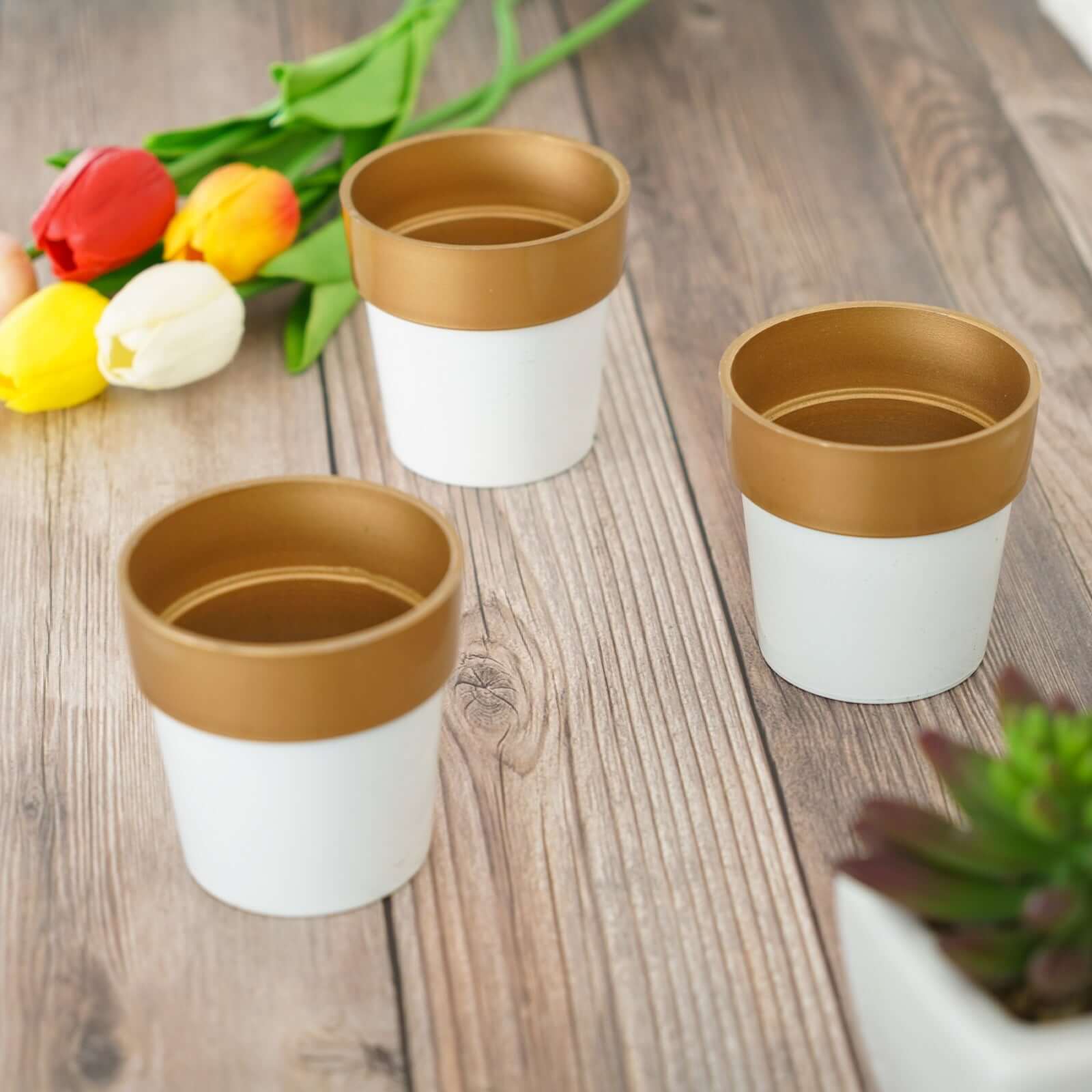 3 Pack White Gold Rimmed Small Flower Plant Pots, Indoor Decorative Planters 3