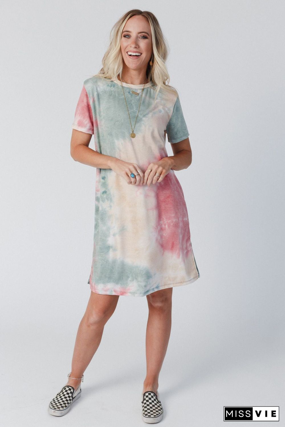 Multicolor Tie Dye Oversized Slit Tee Dress