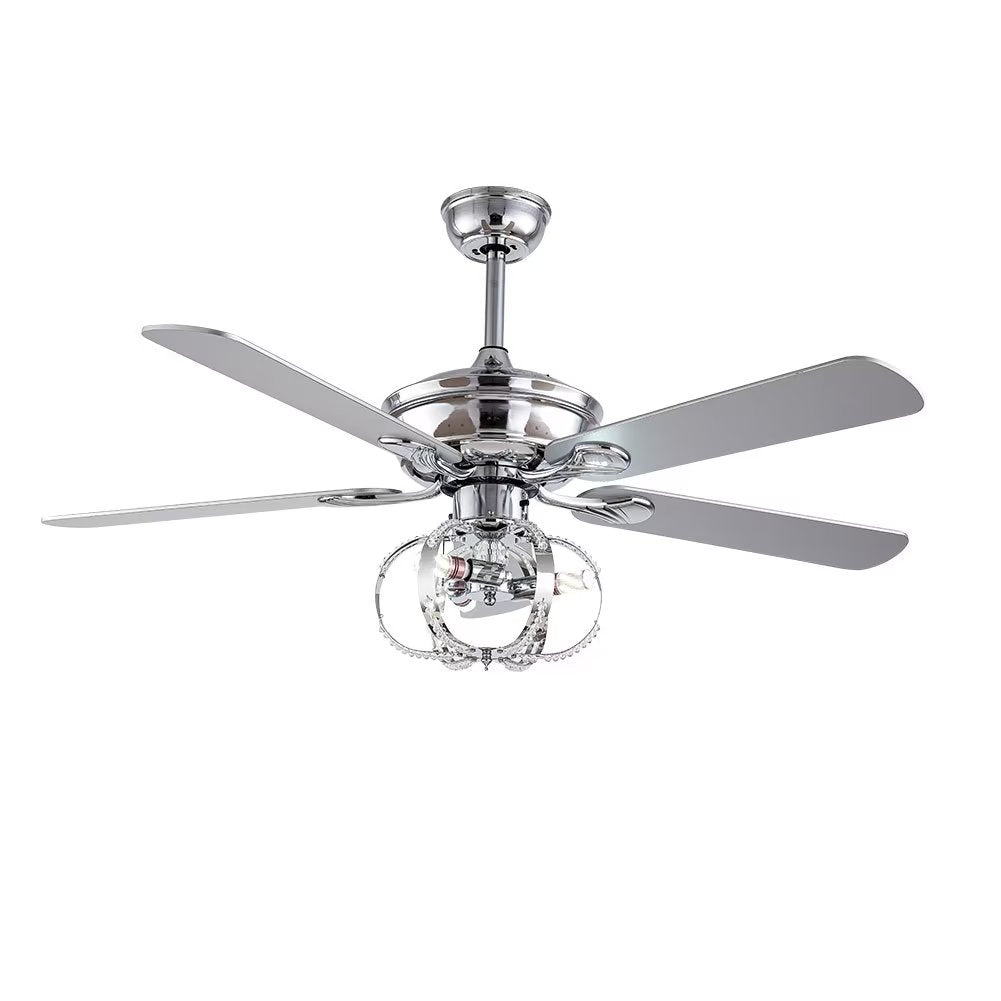 Modern 5 Blades Ceiling Fan Light with Remote Control， 3-Light Silvertone Reversible Chandelier Fan with 3 Speeds Changing 52 inch