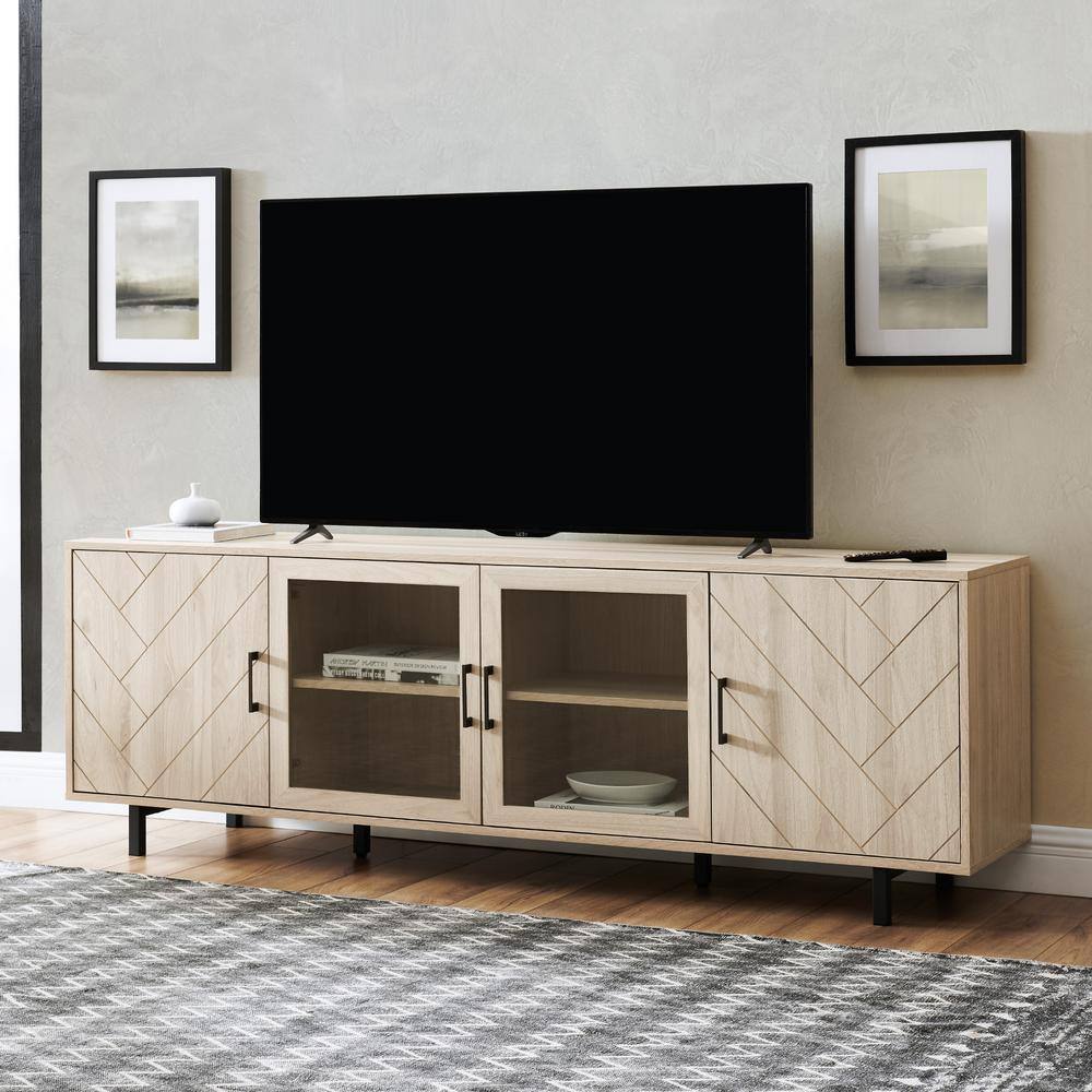 Welwick Designs 70 in. Birch Wood and Glass Modern Herringbone TV Stand with 4-Drawers (Max tv size 80 in.) HD8890