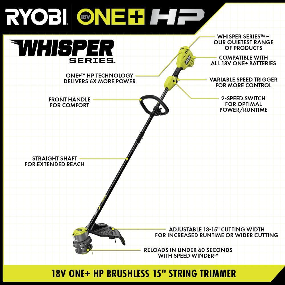 RYOBI ONE HP 18V Brushless Whisper Series Cordless Battery String Trimmer and Leaf Blower w 60 Ah Battery and Charger