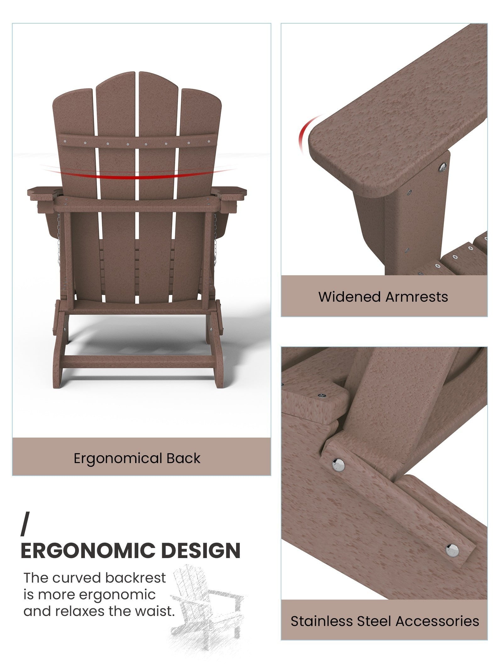 Folding Outdoor Patio Adirondack Chair for Garden, Brown