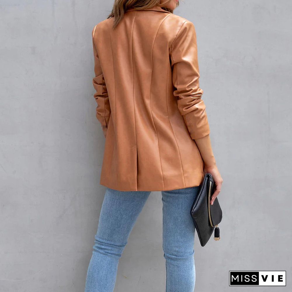 Casual Fashion Solid Color Commute Leather Jackets Ladies Elegant New Bright Cardigan Coats Women Lapel Pocket Button Suit Coat