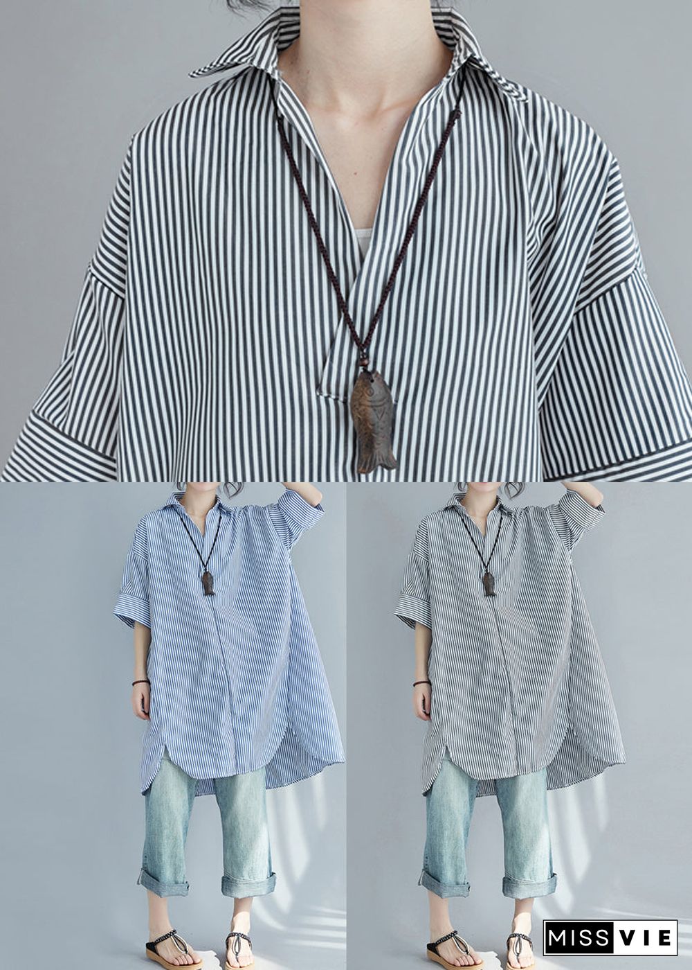 Blue Striped Cotton Shirt Dress Oversized Side Open Summer