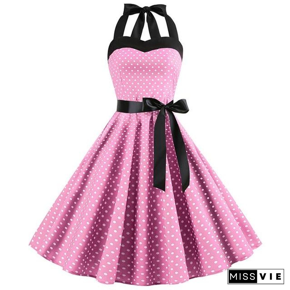 Sexy Halter Party Dress Retro Polka Dot Vintage Dresses Elegant Midi Dress