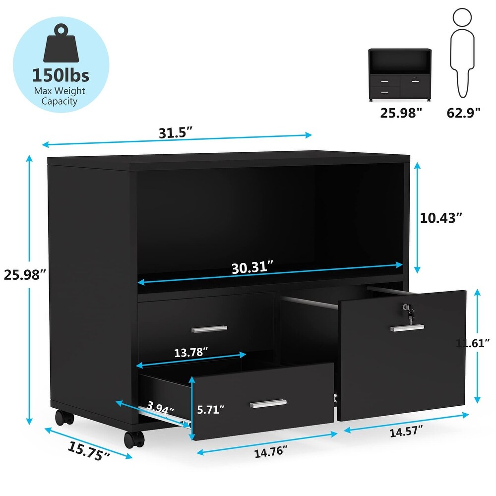 3 Drawer File Cabinet with Lock  Mobile Lateral Filing Cabinet with Rolling Wheels  Printer Stand with Open Storage Shelves