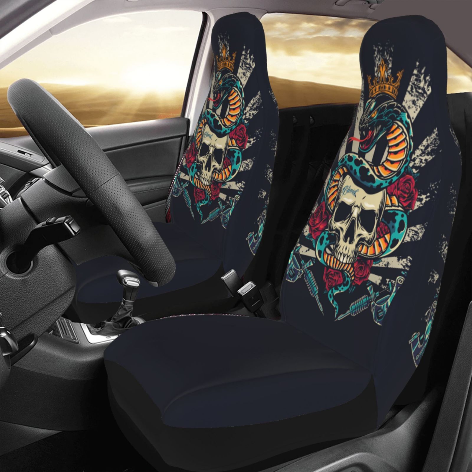 TEQUAN Front Seat Covers， Vintage Colorful Skull Rose Pattern 2 Piece Car Seat Cover Fit Most Car SUV Truck Van