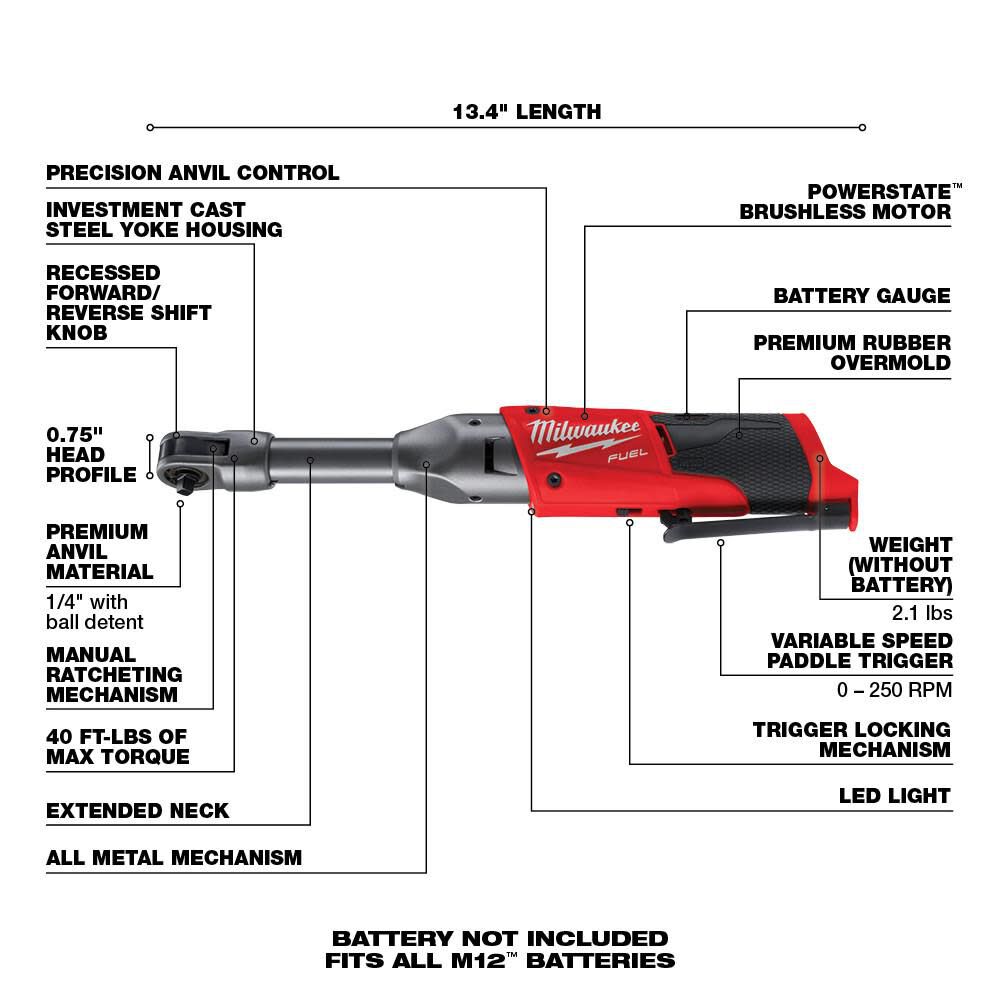 Milwaukee M12 FUEL 1/4 in. Extended Reach Ratchet (Bare Tool) 2559-20 from Milwaukee